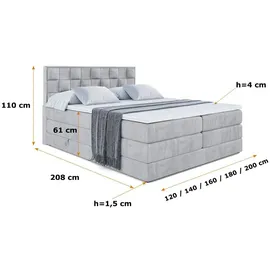 altdecor Boxspringbett ZAFIRA-BZ KING - 160 x 200 - H3/H4 - Hellgrau