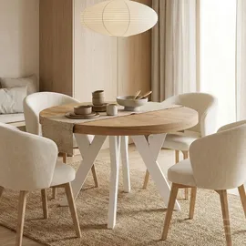 dekori möbel Runder Ausziehbarer Tisch 100 x 75 x 100 cm Eiche Wotan/Weiß