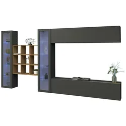 Dmora Ausgestattete Wand Dfancon, 4-türiges TV-Ständer-Wohnzimmerset mit LED-Licht, 100 % Made in Italy, 350 x 30 x 180 cm, Anthrazit,