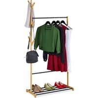 Relaxdays Kleiderständer Bambus & Metall, Kleiderstange mit Schuhablage, 6 Haken, HBT: 168 x 80 x 38 cm,