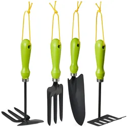 Relaxdays Gartenwerkzeug Set 4-teilig, Blumenkelle, Kleinrechen, Doppelhacke, Blumengabel, Gartengeräte Set, Eisen, grün