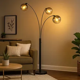 GLOBO Stehlampe 3 flammig Bogenstehleuchte Rauchglas Wohnzimmerlampe Standlampe schwarz, Metall, 3x E27, LxH 105 x 200 cm