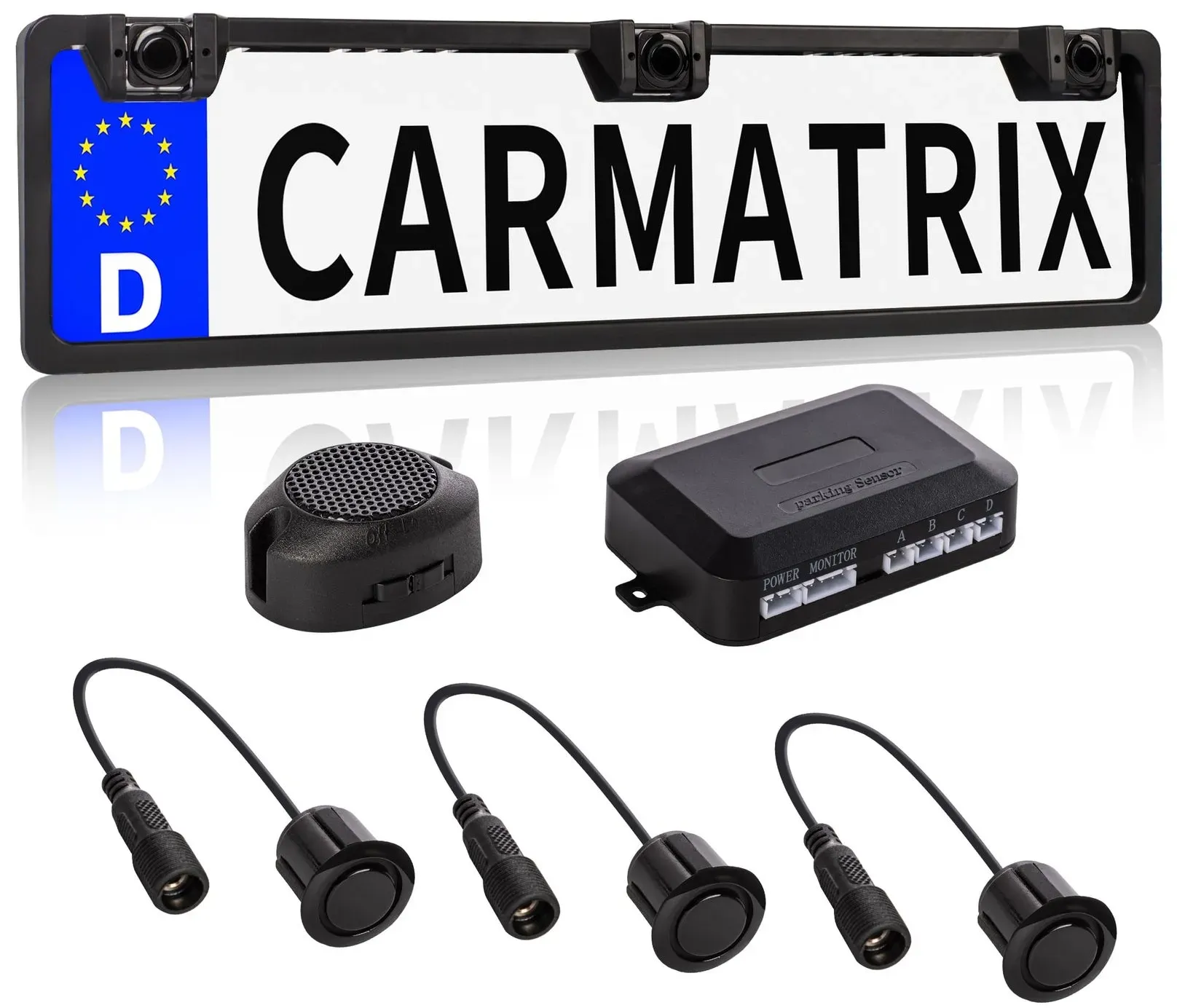 CARMATRIX Einparkhilfe Kfz-Kennzeichen Nummernschild mit drei PDC Sensoren KFZ mit Summer Ton