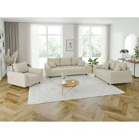 s-style möbel - Odin - Polstergarnitur 3+2+1 mit Braun Holzfüßen im skandinavischen Stil aus Beige Cord-Stoff