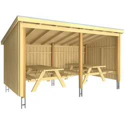 Gartenhaus PLUS "Nordic", beige (natur), Holz, Gartenhäuser, Picknickhütte 9,5 m2 inkl. Picknicktische, Dachpappe/Aluleisten/H-Füße