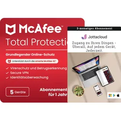 McAfee Total Protection 2024 - 1 Jahr - 5 PC | Mit VPN + Jottacloud unbegrenzte Cloud-Backups
