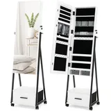 Costway - Schmuckschrank Mit Spiegel, Schmuck Spiegelschrank Abschließbar, Auf Rollen, Freistehend, 42 X 38 X 157 Cm