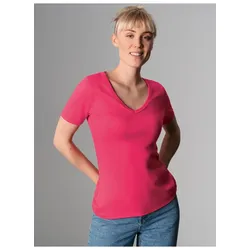 T-Shirt TRIGEMA "TRIGEMA V-Shirt aus Baumwolle/Elastan", Damen, Gr. XXL, orange (koralle), 95% Baumwolle, 5% Elastan, Basic, Kurzarm, Shirts