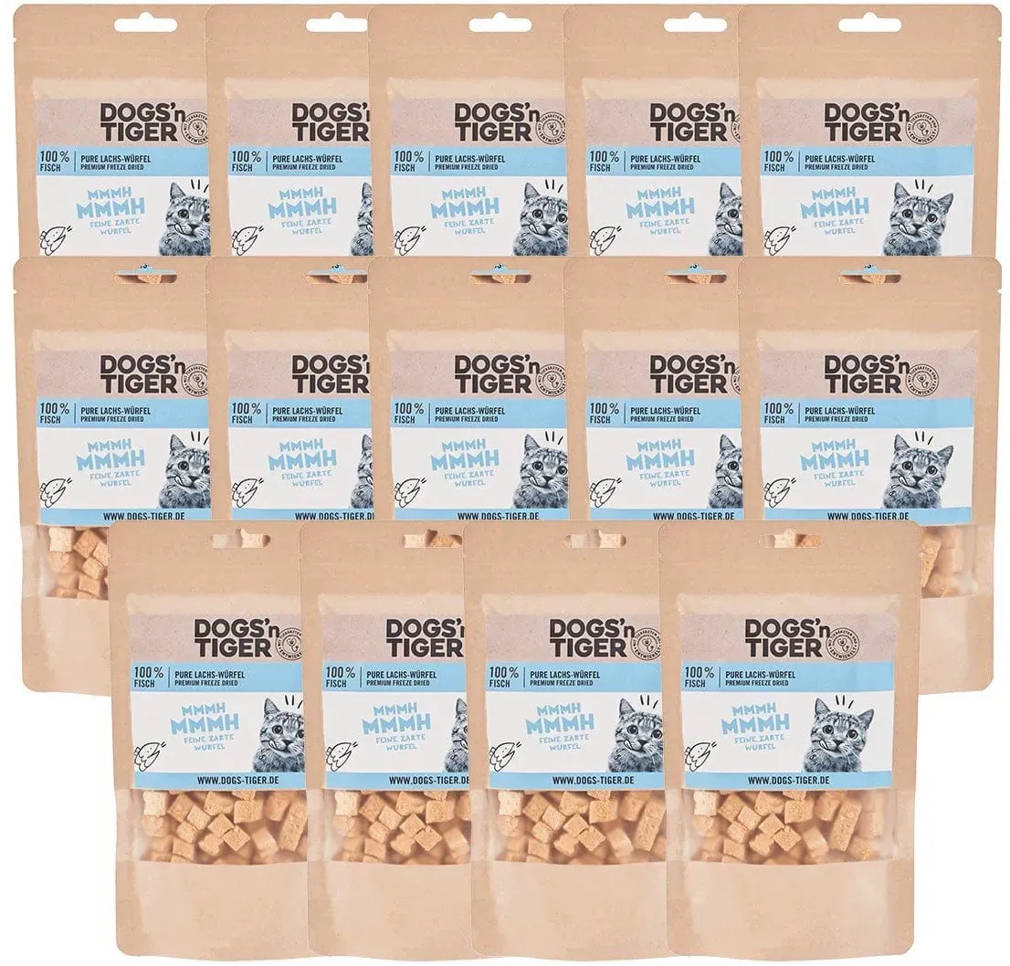 Dogs’n Tiger Adult Katzen Snacks Mmmh mmmh, Leckerlies, 100% Gefriergetrocknetes Lachsfilet Kombipackung 14x30 g