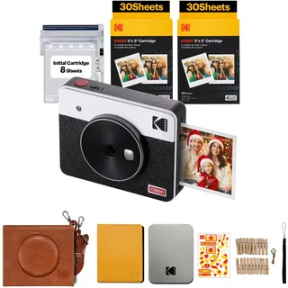 KODAK Mini Shot 3 Retro 4PASS 2-in-1 Sofortbildkamera und tragbarer Fotodrucker (7,6 x 7,6 cm) + Zubehörpaket mit 68 Blatt, Weiß