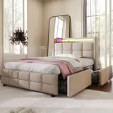 Flieks Polsterbett 90x200cm mit USB und Steckdosen, Jugendbett Einzelbett mit 2 Schubladen, Stauraumbett Massivholzbett mit LED und Lattenrost, Lei... - Beige