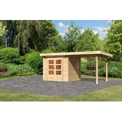 Gartenhaus KARIBU ""Ammersee 2" SET mit Anbaudach 2,35 m Breite", beige (naturbelassen), Gartenhäuser, naturbelassen oder terragrau