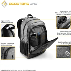Boostboxx BoostBag One Backpack - Boostboxx City-Rucksack für Laptop/Notebook bis 15,6", Ipad, Tablet und Handy, perfekt für Schule, Studium, Business oder Beruf, grau