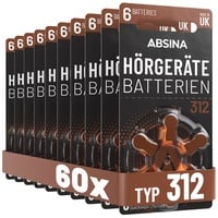 ABSINA Hörgerätebatterien 312 60 Stück mit gut greifbarer Schutzfolie - Batterien für Hörgeräte 312 Zink Luft mit 1,45V - Typ 312 Hörgeräte Batterie Braun - PR41 ZL3 P312 Hörgerätebatterien