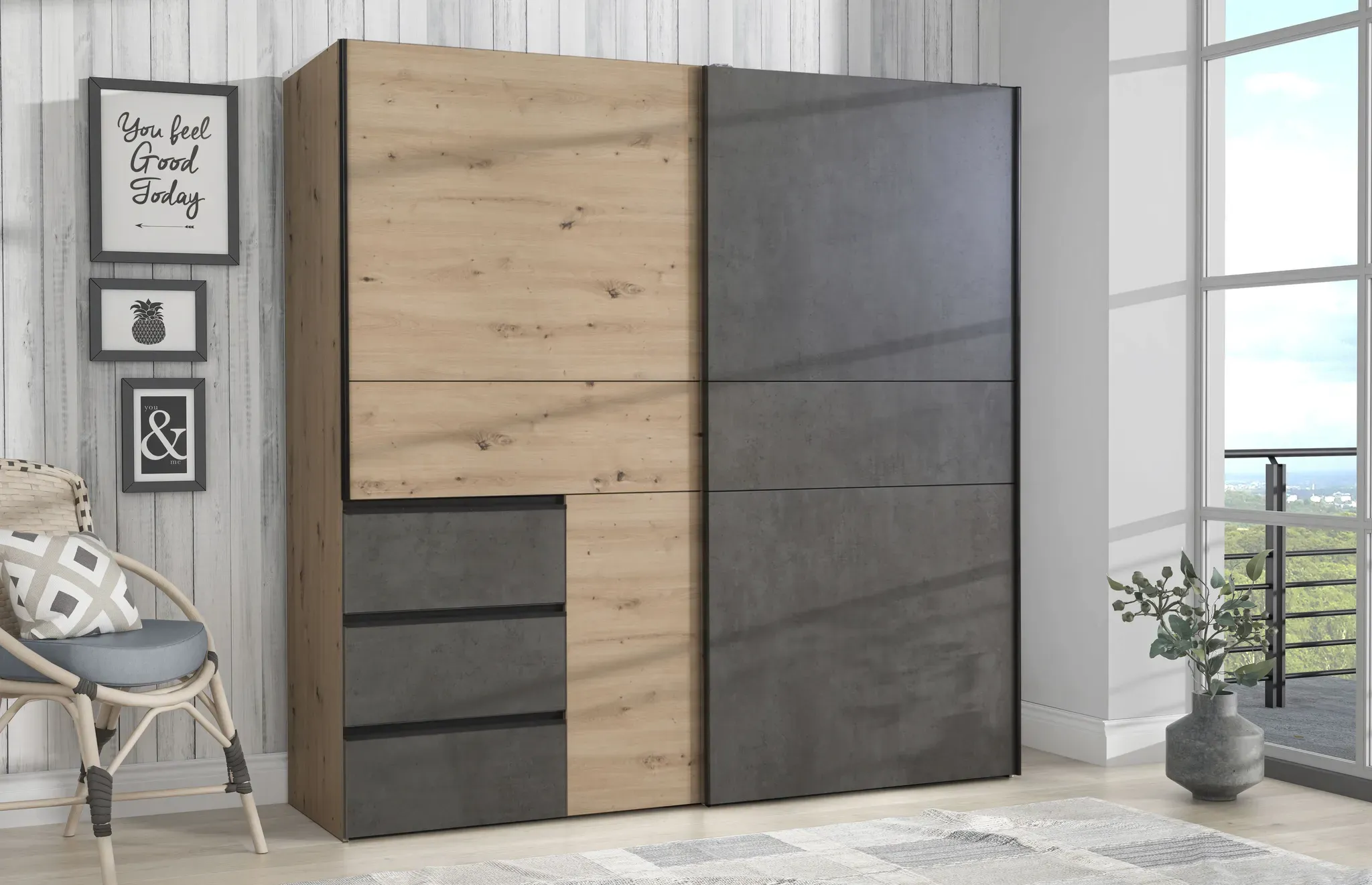 Schwebetürenschrank FORTE "Winn, Schiebetürenschrank mit 3 Schubladen, Made in Europe" Schränke Gr. B/H/T: 200 cm x 200,5 cm x 61 cm, 2 St., braun (artisan eiche, betonoptik dunkelgrau) Schwebetürenschränke und Schiebetürenschränke verschiedene Größen Farben, sehr viel Stauraum