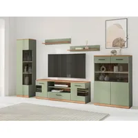OTTO home Wohnwand Ribe: 5‐teilig, Oberplatte aus Massivholz, viel Stauraum, Trendfarbe, (5-St), Breite: 297cm, Glaseinsatz aus gehärtetem Glas, variable Einlegeboden grün