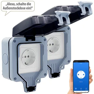Luminea Home Control Outdoor-WLAN-Aufputzsteckdose, Sprachsteuerung, Verbrauchsmesser, App