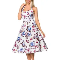Atixo Minikleid Weiß geblümtes Rockabilly retro Kleid mit Gürtel Damen vintage neckhol S