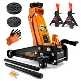 Hydraulischer Wagenheber 3T, 130-490 mm, 2X Gummi, Profilmesser Rangierwagenheber, Heber, Unterstellbock, Montagehandschuhe, Profi, Ständer, Flache, Wohnmobil, Geländewagen