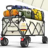 TRESKO® Bollerwagen faltbar 300L mit Bremse | Handwagen klappbar 150kg inkl. Vollgummireifen | Faltbarer Strandwagen Extra Breite All-Terrain-Räder | Transportwagen mit Tragetasche (Beige)