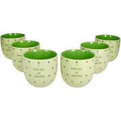 6x I Love Matcha Becher 370ml Steingut-Tassen 6 Personen Matcha-Drink Tee grün
