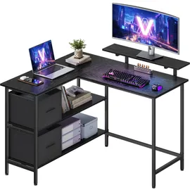VASAGLE L-förmiger Schreibtisch, 2 geräumige Schubladen, Computertisch mit Monitorständer, Eckschreibtisch, Gaming-Tisch mit Verstellbarer Ablage 115 x 105cm ebenholzschwarz LWD097B56