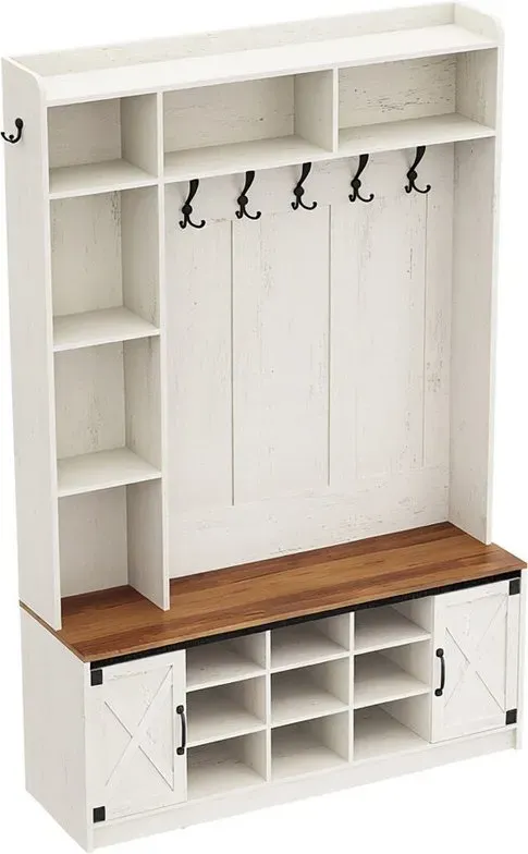 HaluPeit Garderobenständer mit Sitzbank, Garderobenständer mit LED-Beleuchtung, Kleiderständer, verstellbare Einlegeböden, 15 offene Fächer, 7 Haken, für Flure, 40,3 x 120 x 191 cm, Weiß und Braun