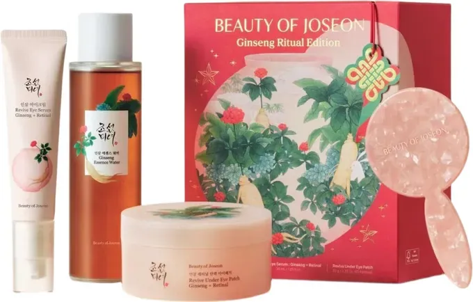 Beauty Of Joseon Limitierte 4-teilige Jahresende-Set (Ginseng-Augenpads 60 Stück + Ginseng-Gesichtswasser 150 ml + Ginseng-Augencreme 30 ml + Kosmetikspiegel)