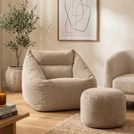 I.C.O.N. Icon Sitzsack Sessel mit Hocker für Erwachsene, Beige, Flauschiger Cord Stoff, Riesen Sitzsack Cord mit Füllung, Bean Bag Chair, Bequemer Sessel Wohnzimmer, Lounge, Schlafzimmer, Büro