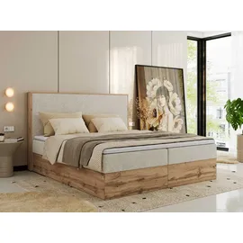 MKS Meble Boxspringbett WOOD CLASSIC, Komplett Set mit Multipocket-Matratze und Topper, Doppelbett für Schlafzimmer, hohe Kopfteil - 140 x 200 cm ... - Creme