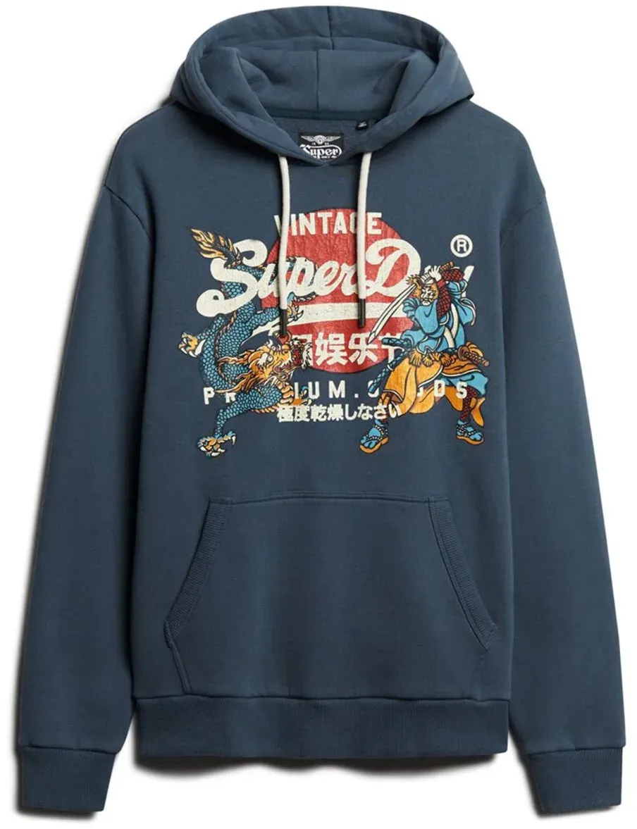 Superdry Herren Hoodie - Tokyo VI Graphic Hoodie, Cracked Print, Logo, einfarbig Dunkelblau L