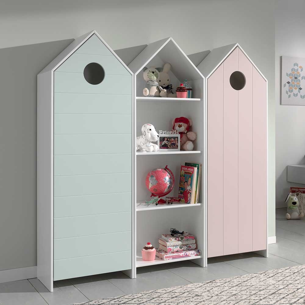 Kinderzimmerkleiderschrank Set in Mintgrün und Rosa Regal in Weiß (dreiteilig)