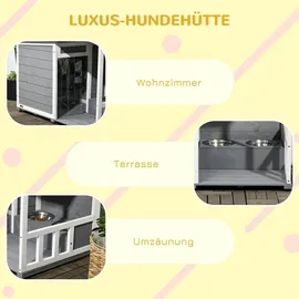 PawHut Hundehütte mit 2 Schüsseln, - Schwarz/Grau/Weiß