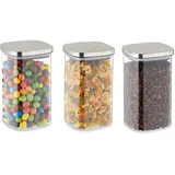 Relaxdays Vorratsgläser mit Deckel, 3er Set, 1200 ml, eckige Vorratsdosen, luftdichte Glasbehälter, transparent/silber