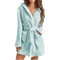 UPOI 2024 Bademantel Damen Kurz Frottee mit Kapuze Warm Langarm Flauschig Kuschelig Bathrobe Leichte Einfarbig Morgenmantel Herbst Winter Fleece-Hausmantel mit Taschen - M