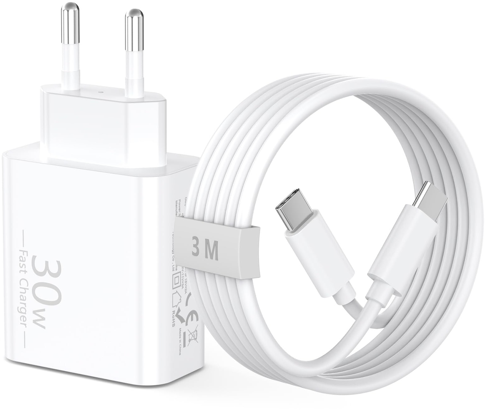 iPhone 15 Pro Max Schnellladegerät, 30W USB C iPhone Ladegerät Ladestecker Stecker Netzteil Power Adapter und 3M USB C Kabel Schnellladekabel für iPhone 15/15 Pro/15 Pro Max/15 Plus, Galaxy S24 S23