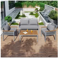 MODFU Gartenlounge-Set Loungemöbel-Set – Polyrattan & Akazienholz, (Doppelsofa, Outdoor-Sofa-Set, Balkonset, 4-tlg., wetterfest und robust, komfortabel), einfache Montage, für entspannte Stunden im Freien grau