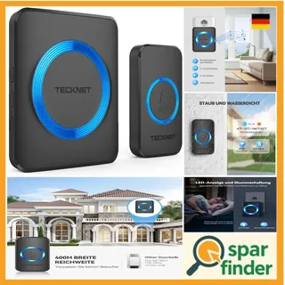 TeckNet Funkklingel IP65 Funk Set Aussen Wasserdicht, Kabellose Türklingel 400m Reichweite | Melodien-Türklingel