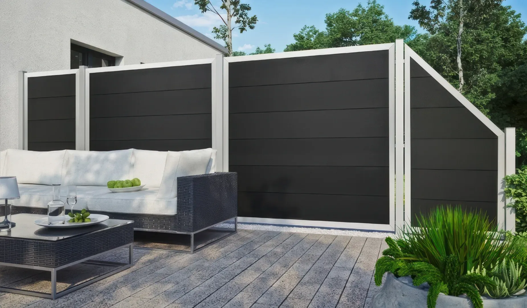 WPC Zaunelemente Samso – stabile Sichtschutzelemente aus WPC in Anthrazit mit Aluminiumrahmen, pflegeleicht, langlebig & mit extrabreiten Lamellen