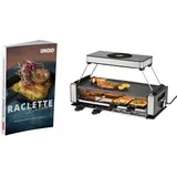 Unold 48985 Raclette inkl. Rezeptbuch mit 50 Rezepten | Rauchfreier Raclette-Grill für 8 Personen mit Dunstabzugshaube, wendbarer Antihaft-Grillplatte, Edelstahl/Aluminium, 1200W
