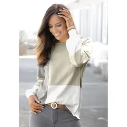 Rundhalspullover LASCANA, Damen, Gr. 40/42, beige (grau, meliert, creme, beige), Strick, Obermaterial: 100% Baumwolle, colorblocking, modisch, figurumspielend hüftlang, Rundhals, Langarm Rippstrickbündchen, Pullover, mit Colorblock-Optik, Damenpullover, Baumwolle, locker und kaschierend