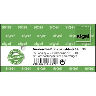 Sigel Garderobenblöcke 1-500, farbsortiert, 5 Blöcke
