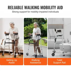 Vevor 2-in-1-Gehhilfe, zusammenklappbar, mit abnehmbaren Armlehnen, höhenverstellbar, zusammenklappbar, mit 5-Zoll-Vollrädern, leichtes Aluminium | Mobilitätshilfe Vorderrädern für ältere und behinderte Menschen, 204 kg
