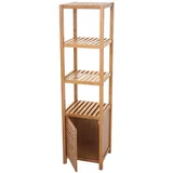 Mendler Badregal HWC-B18, Badezimmer Badschrank Standregal mit Tür, Bambus ~ 140x36x34cm
