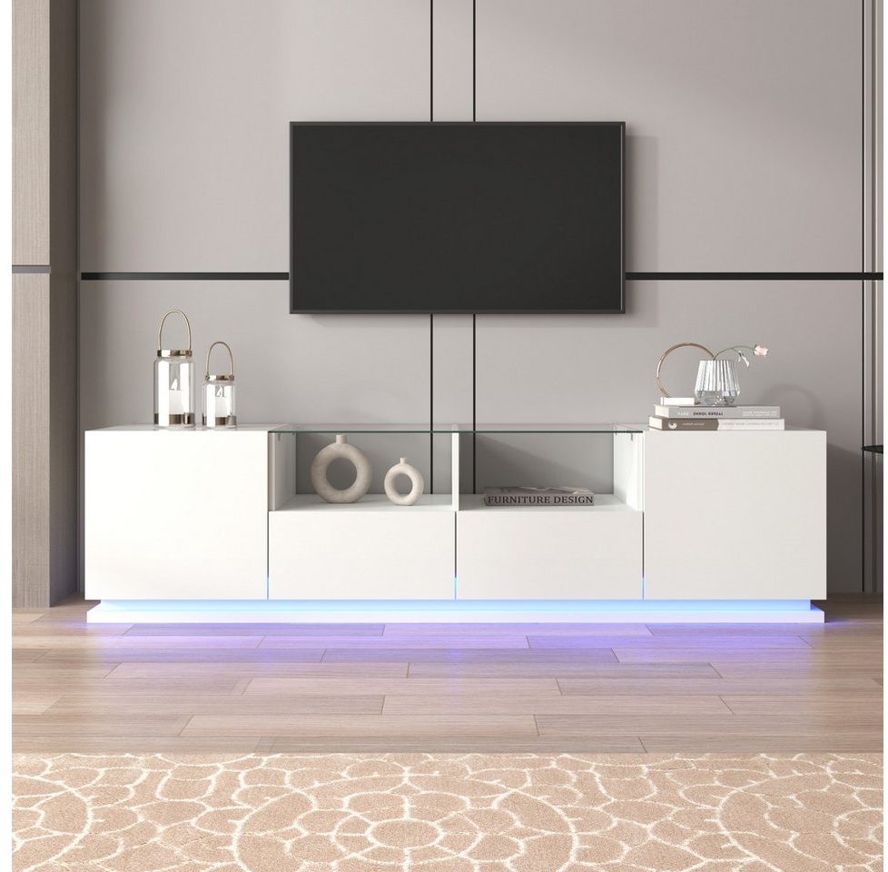 IDEASY Fächerschrank TV-Schrank mit Hochglanzlackierung, weiß/schwarz, farbige LED, 165*38*43cm, Glasplatte, 2 Türen, 2 Fächer,geschlossener Boden weiß