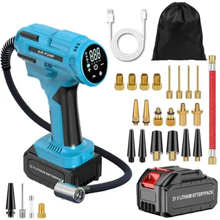 Aolawco Akku Kompressor für Makita Akku mit 21-Teiliges Aufblasbares Set & 7500mAh Batterien, Tragbare Elektrische Luftpumpe, Luftpumpe für Fahrrad/Auto/Ball 150PSI, Auto-Off Funktion, LED Lampe