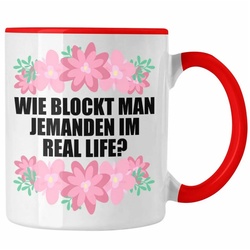 Trendation Tasse Trendation – Lustige Tasse mit Spruch – Wie Blockt Man In Real Life – Rosa Witzige Sprüche Kaffeetasse Geschenk Kaffeeliebhaber Büro Sarkasmus rot