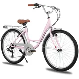 Hiland 26 Zoll Cityräder für Erwachsene, Step-Through Rahmen Damenfahrrad mit Gepäckträger, Herren und Damen 7 Gang City-Pendlerfahrrad - Rosa