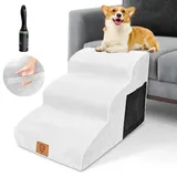 HEVOL Hundetreppe,3 StufenTragbar Haustiertreppe aus Hochdichtem Schaumstoff für Hunde und Katzen, Waschbarer Hunderampe Katzentreppe mit Plüschbezug für Bett,Sofa-Weiß