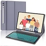 Tastatur für Samsung Galaxy Tab S9FE Plus, Hülle mit Tastatur für Samsung Tab S9+ 12.4", Magnetisch Abnehmbarer 7-Farbige Beleuchtung Tastatur QWERTZ Layout Galaxy S9+/S9FE+ Tablet 12.4 2023, Viola